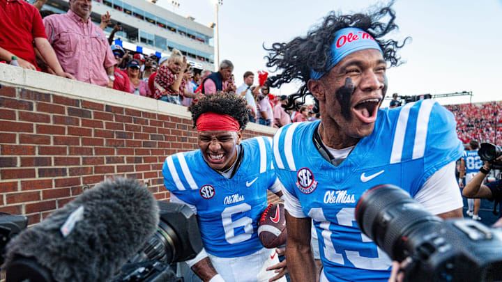 Ole Miss quarterback Trinidad Chambliss (6) and quarterback Austin Simmons (13) celebrate after a college football game between Ole Miss and LSU at Vaught-Hemingway Stadium in Oxford, Miss., on Saturday, Sept. 27, 2025. Ole Miss defeated LSU 24-19.