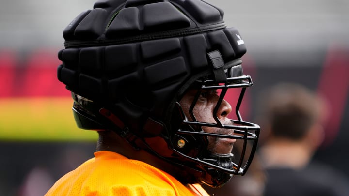 Cincinnati Bearcats defensive tackle Dontay Corleone waits in line for drills during football practice, Wednesday, July 31, 2024, at Nippert Stadium in Cincinnati.