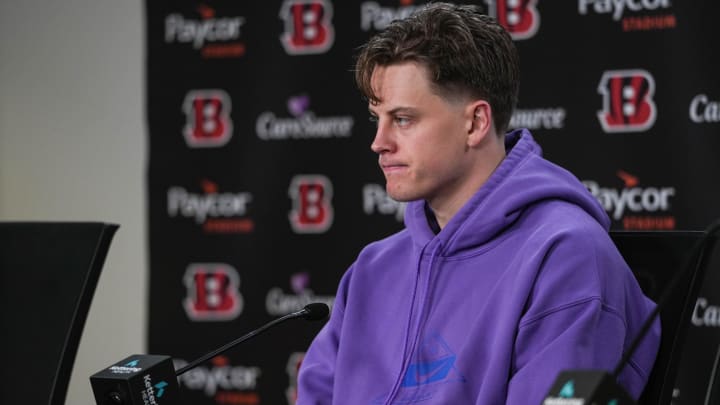 Bengals quarterback Joe Burrow speaks to the media during a press conference on the first day of the off season for the Bengals at Paycor Stadium on Monday January 8, 2024