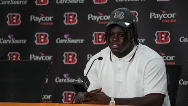 Amarius Mims joins the Bengals, speaking at a press conference at Paycor Stadium on Friday April 26, 2024.