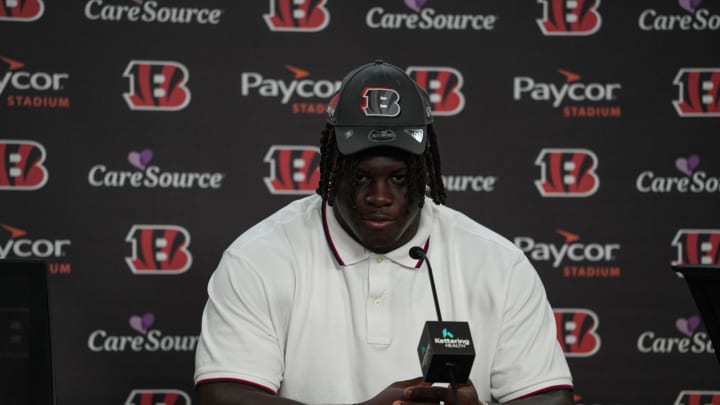 Amarius Mims joins the Bengals, speaking at a press conference at Paycor Stadium on Friday April 26, 2024.