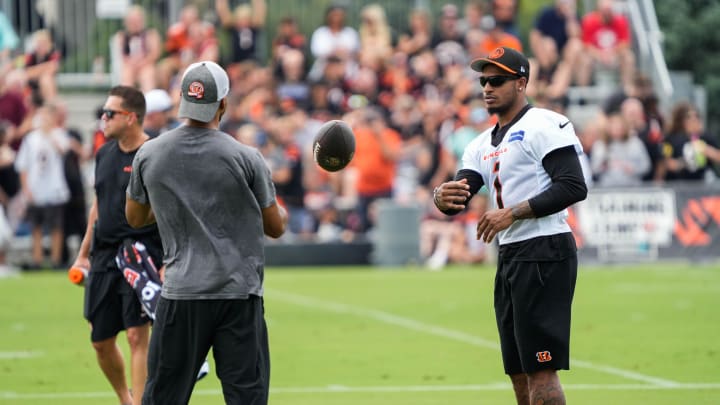 Bengals Ja'Marr Chase works with coaches and players during their training camp on Thursday July 29, 2024.