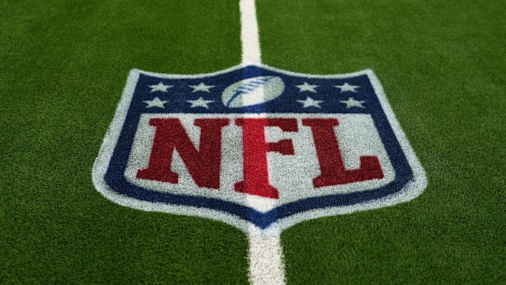 Sep 8, 2024; Inglewood, California, USA; The NFL shield logo at SoFi Stadium. Mandatory Credit: Kirby Lee-Imagn Images