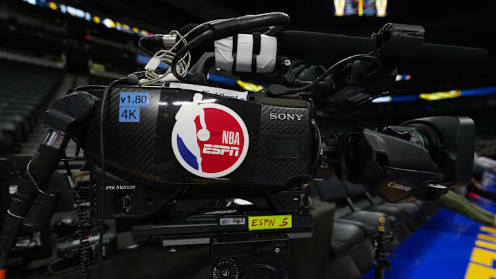 Nov 3, 2023; Denver, Colorado, USA; General of a ESPN mid court broadcast camera before the game between the Dallas Mavericks against the Denver Nuggets at Ball Arena. Mandatory Credit: Ron Chenoy-Imagn Images