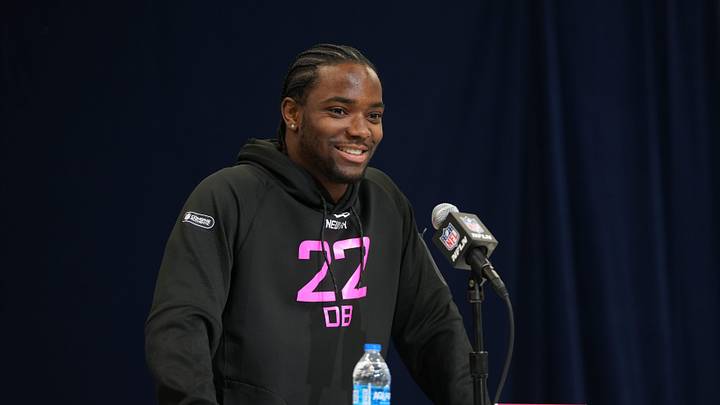 Notre Dame defensive back Benjamin Morrison speaks to the media at the 2025 NFL combine.