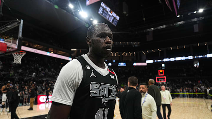 April 8, 2023; Austin, TX, USA; San Antonio Spurs center Gorgui Dieng (41) leaves the court after the 131-151 loss to the Minnesota Timberwolves at the Moody Center on Saturday, April 8, 2023 in Austin. Mandatory Credit: Aaron E. Martinez-USA TODAY NETWORK