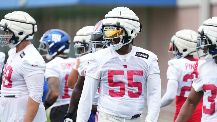 Jul 25, 2024; East Rutherford, NY, USA; New York Giants linebacker Boogie Basham Jr. (55) looks on during training camp at Quest Diagnostics Training Center.  