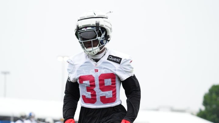 Jul 25, 2024; East Rutherford, NY, USA; New York Giants safety Gervarrius Owens (39) walks to the sideline during training camp at Quest Diagnostics Training Center.  