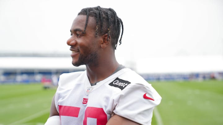 Jul 25, 2024; East Rutherford, NY, USA; New York Giants inside linebacker Bobby Okereke (58) gives an interview after training camp at Quest Diagnostics Training Center.  