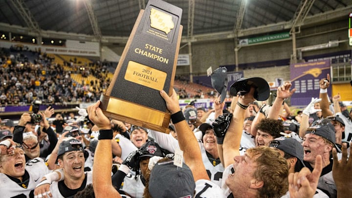 Southeast Polk celebrates their Class 5A championship win over West Des Moines Valley on Friday, Nov. 22, 2024, at the UNI-Dome in Cedar Falls, IA.