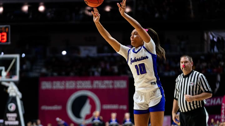 Johnston's Jenica Lewis (10) shoots a three on Friday, March 7, 2025, at Wells Fargo Arena.