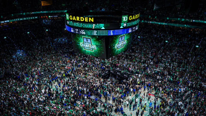 Jun 17, 2024; Boston, Massachusetts, USA; General view after the Boston Celtics celebrate defeating the Dallas Mavericks in game five to win the 2024 NBA Finals at TD Garden. Mandatory Credit: David Butler II-USA TODAY Sports