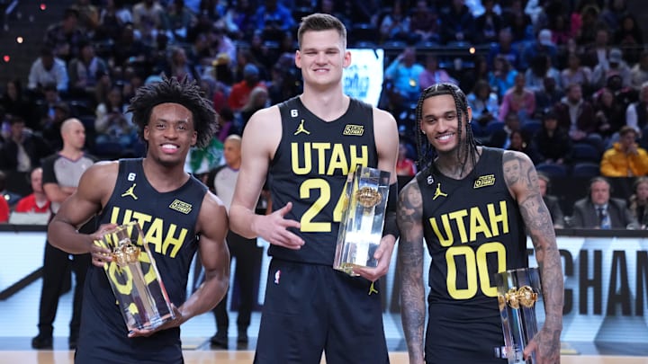 Feb 18, 2023; Salt Lake City, UT, USA; Team Jazz guard Collin Sexton (2), center Walker Kessler (24), and guard Jordan Clarkson (00) celebrate after winning the Skills Competition during the 2023 All Star Saturday Night at Vivint Arena. Mandatory Credit: Kyle Terada-Imagn Images