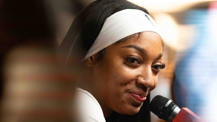 Jul 19, 2024; Phoenix, Ariz, U.S.; Angel Reese speaks to members of the media during the WNBA All-Star media day at Footprint Center in Phoenix on July 19 2024.