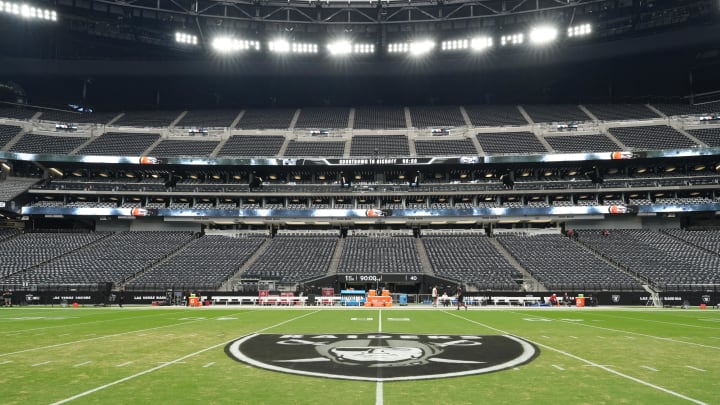 Aug 23, 2024; Paradise, Nevada, USA; The Las Vegas Raiders shield logo at midfield at Allegiant Stadium. Mandatory Credit: Kirby Lee-USA TODAY Sports