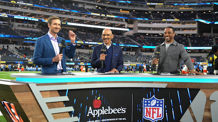 NBC Sports broadcasters Jac Collinsworth, Tony Dungy and Rodney Harrison on the Sunday Night Football set at SoFi Stadium