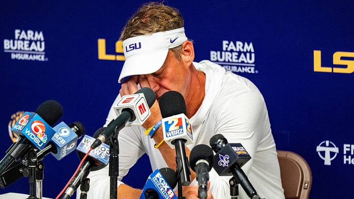 LSU head coach Lane Kiffin scratches his face while answering questions during a press conference after a college football game between Ole Miss and LSU at Vaught Hemingway Stadium in Oxford, Miss., on Saturday, Sept. 19, 2026. Ole Miss defeated LSU 32-24.
