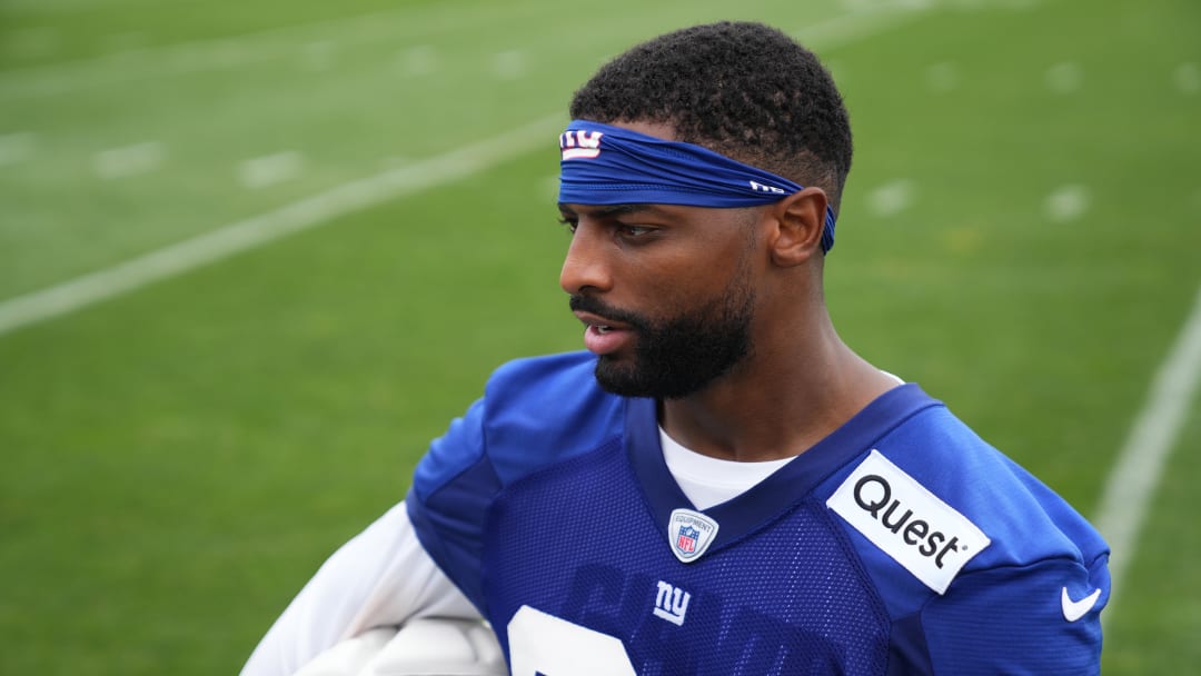 Jul 25, 2024; East Rutherford, NY, USA; New York Giants wide receiver Darius Slayton (86) gives an interview after training camp at Quest Diagnostics Training Center. Mandatory Credit: Lucas Boland-USA TODAY Sports