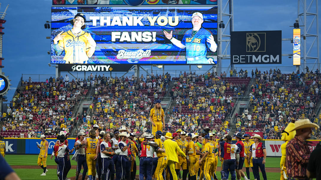 The Savannah Bananas played the Texas Tailgatersfor a second time at Great American Ballpark on Saturday June 14, 2025. The game included music, dancing, baby races, father and son catch and plenty of back flips. The Bananas played to a crowd of around 42,000 people both nights. The Savannah Bananas played the Texas Tailgatersfor a second time at Great American Ballpark on Saturday June 14, 2025. The game included music, dancing, baby races, father and son catch and plenty of back flips. The Bananas played to a crowd of around 42,000 people both nights.