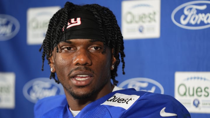 Jul 26, 2024; East Rutherford, NJ, USA; New York Giants wide receiver Malik Nabers (9) speaks at a press conference after training camp at Quest Diagnostics Training Center.  