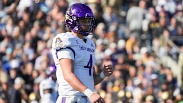 Oct 19, 2024; West Point, New York, USA; East Carolina Pirates quarterback Katin Houser (4) reacts during the second quarter against the Army Black Knights at Michie Stadium. Mandatory Credit: Lucas Boland-Imagn Images