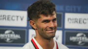 Jul 27, 2024; New York, NY, USA; AC Milan midfielder Christian Pulisic (11) gives an interview after the game against Manchester City at Yankee Stadium. Mandatory Credit: Lucas Boland-USA TODAY Sports