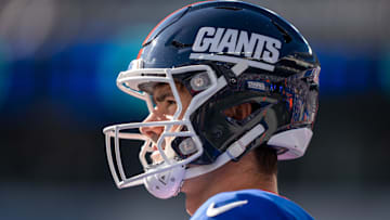 New York Giants quarterback Daniel Jones (8) warms up prior to the start of the game between the New York Giants and the Washington Commanders at MetLife Stadium in East Rutherford on Sunday, Nov. 3, 2024.