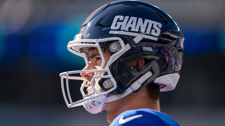New York Giants quarterback Daniel Jones (8) warms up prior to the start of the game between the New York Giants and the Washington Commanders at MetLife Stadium in East Rutherford on Sunday, Nov. 3, 2024.