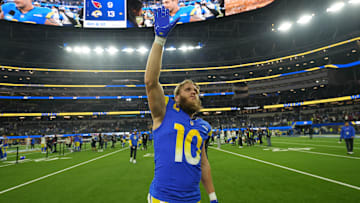 Dec 28, 2024; Inglewood, California, USA; Los Angeles Rams wide receiver Cooper Kupp (10) leaves the field after the game against the Arizona Cardinals at SoFi Stadium. Mandatory Credit: Kirby Lee-Imagn Images