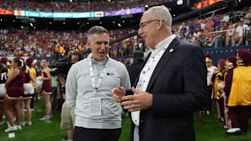 Sep 1, 2024; Paradise, Nevada, USA; Big 10 commissioner Tony Petitti (left) and SEC commissioner Greg Sankey attend the game between the LSU Tigers and the Southern California Trojans at Allegiant Stadium.