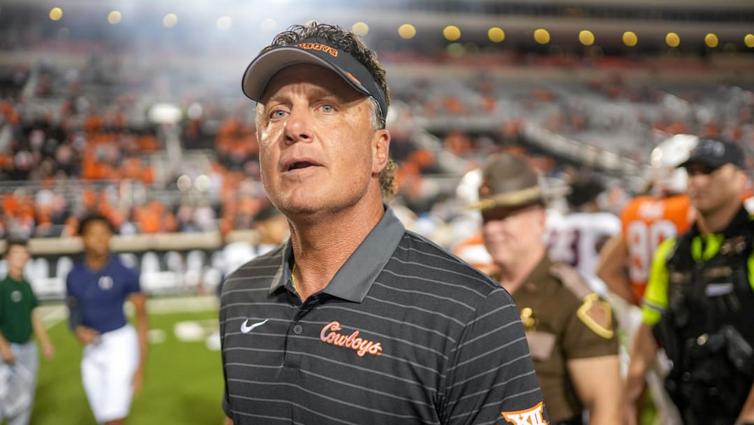Oklahoma State head coach Mike Gundy walks off the field after an NCAA football game between Oklahoma State (OSU) and UT Martin in Stillwater, Okla., on Thursday, Aug. 28, 2025.