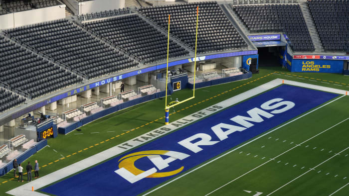 Dec 3, 2023; Inglewood, California, USA; The Los Angeles Rams logo in the end zone.