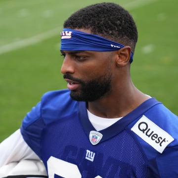 Jul 25, 2024; East Rutherford, NY, USA; New York Giants wide receiver Darius Slayton (86) gives an interview after training camp at Quest Diagnostics Training Center.  