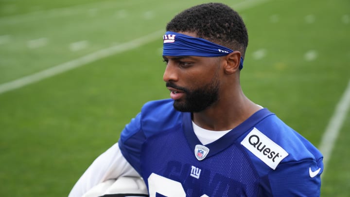 Jul 25, 2024; East Rutherford, NY, USA; New York Giants wide receiver Darius Slayton (86) gives an interview after training camp at Quest Diagnostics Training Center.  