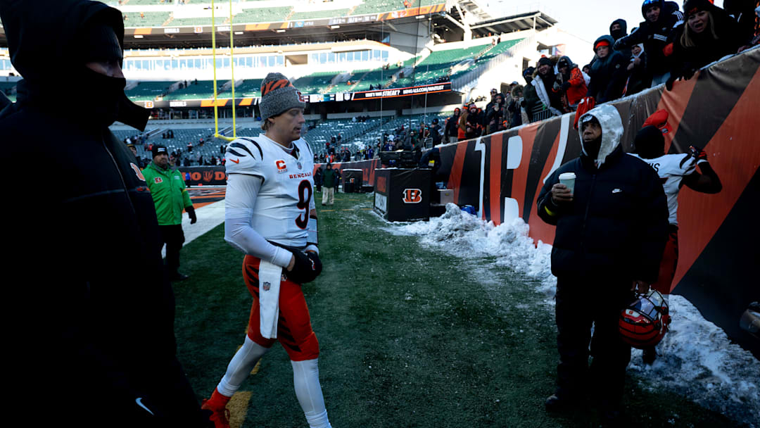 Cincinnati Bengals quarterback Joe Burrow (9) leaves the field after the Cincinnati Bengals loss to the Baltimore Ravens 24-0 at Paycor Stadium in Cincinnati on Dec. 14, 2025.