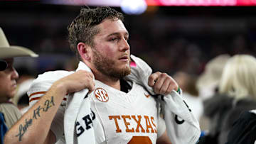 Texas Longhorns quarterback Quinn Ewers (3) looks into the crowd after the 28-14 loss to Ohio State in the College Football Playoff semifinal game in the Cotton Bowl at AT&T Stadium on Friday, Jan. 10, 2024 in Arlington, Texas.