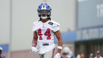 Jul 25, 2024; East Rutherford, NY, USA; New York Giants cornerback Nick McCloud (44) participates in a drill during training camp at Quest Diagnostics Training Center. Mandatory Credit: Lucas Boland-USA TODAY Sports