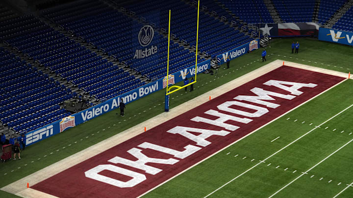 Dec 28, 2023; San Antonio, TX, USA; The Oklahoma Sooners logo in the end zone at Alamodome. Mandatory Credit: Kirby Lee-Imagn Images