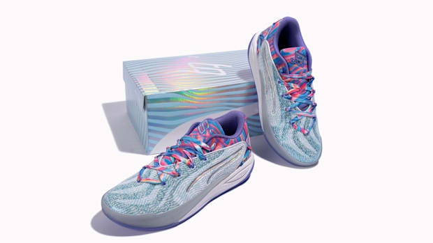 Blue and pink PUMA sneakers.