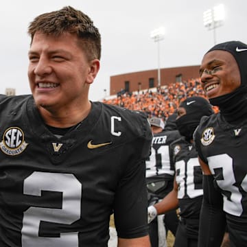Vanderbilt quarterback Diego Pavia (2) mingles with teammates after the game at FirstBank Stadium in Nashville, Tenn., Saturday, Nov. 30, 2024.