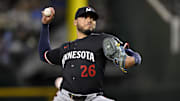 Sep 24, 2025; Arlington, Texas, USA; Minnesota Twins starting pitcher Taj Bradley (26) throws the ball during the third inning against the Texas Rangers at Globe Life Field.