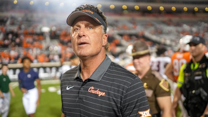 Oklahoma State head coach Mike Gundy walks off the field after an NCAA football game between Oklahoma State (OSU) and UT Martin in Stillwater, Okla., on Thursday, Aug. 28, 2025.