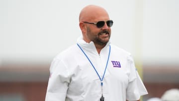 Jul 25, 2024; East Rutherford, NY, USA; New York Giants head coach Brian Daboll directs players during training camp at Quest Diagnostics Training Center. Mandatory Credit: Lucas Boland-USA TODAY Sports
