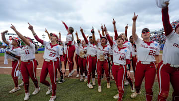 Oklahoma players celebrate after a Women's College World Series softball game between the Oklahoma Sooners (OU) and the Tennessee Volunteers at Devon Park in Oklahoma City, Thursday, May 29, 2025.
