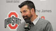 Ohio State University football coach Ryan Day talks with the media Wednesday, December 4, 2024 after the devastating loss to Michigan for the fourth straight year. The news conference was held in the Woody Hayes Athletic Center football team meeting room in Columbus.