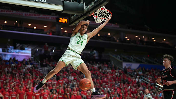 Storm Lake junior Jaidyn Coon dunks the basketball against ADM during the Iowa high school boys state basketball tournament on Monday, March 10, 2025, at Wells Fargo Arena in Des Moines. Mandatory Credit: Bryon Houlgrave-The Des Moines Register