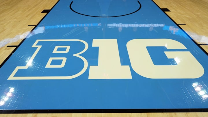 Nov 15, 2024; Los Angeles, California, USA; The Big Ten conference logo on the court at Pauley Pavilion presented by Wescom. Mandatory Credit: Kirby Lee-Imagn Images