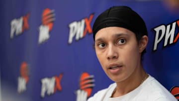 Brittney Griner speaks to members of the media at Player 15 HQ in Phoenix on Sept. 26, 2024.