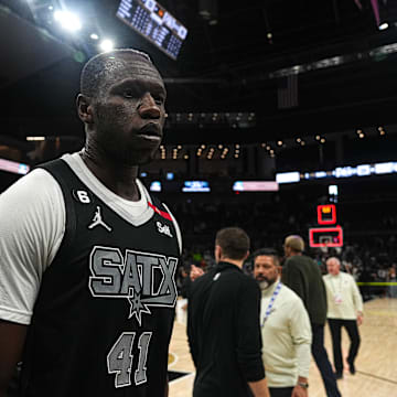 April 8, 2023; Austin, TX, USA; San Antonio Spurs center Gorgui Dieng (41) leaves the court after the 131-151 loss to the Minnesota Timberwolves at the Moody Center on Saturday, April 8, 2023 in Austin.