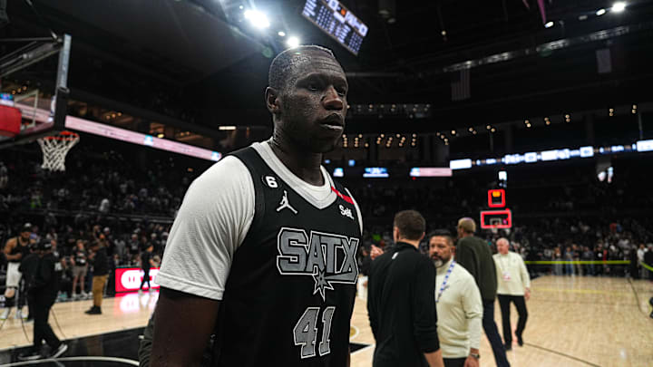 April 8, 2023; Austin, TX, USA; San Antonio Spurs center Gorgui Dieng (41) leaves the court after the 131-151 loss to the Minnesota Timberwolves at the Moody Center on Saturday, April 8, 2023 in Austin.